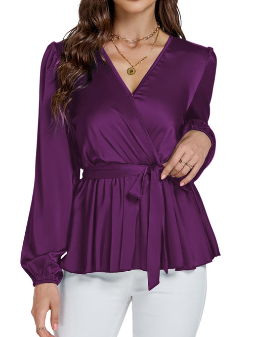 Seoul minimalist satin wrap blouse purple long sleeve shirt for women luxury fashion 